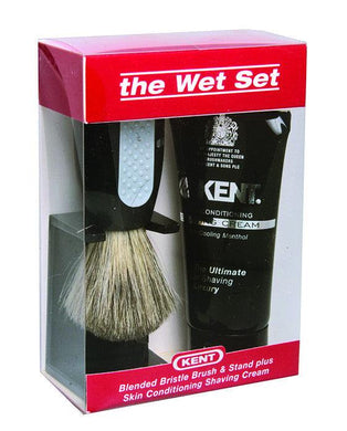 Kent 3pc Shaving Set, Blended Bristle Brush, Shaving Cream, Black Stand, in Box - Barbers Lounge